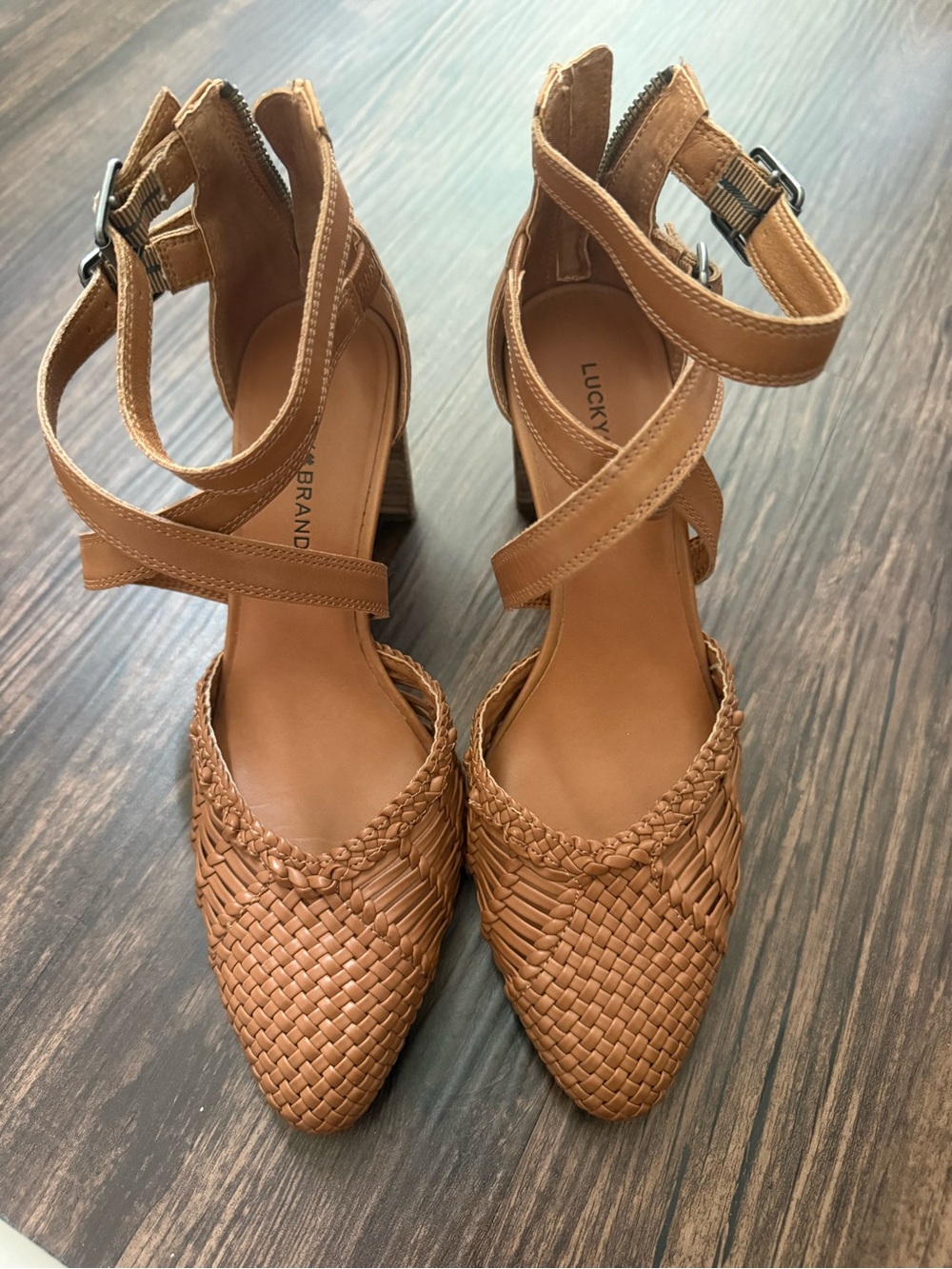 Lucky Brand Woven Pointed-Toe Tan Ankle-Strap Block Heels